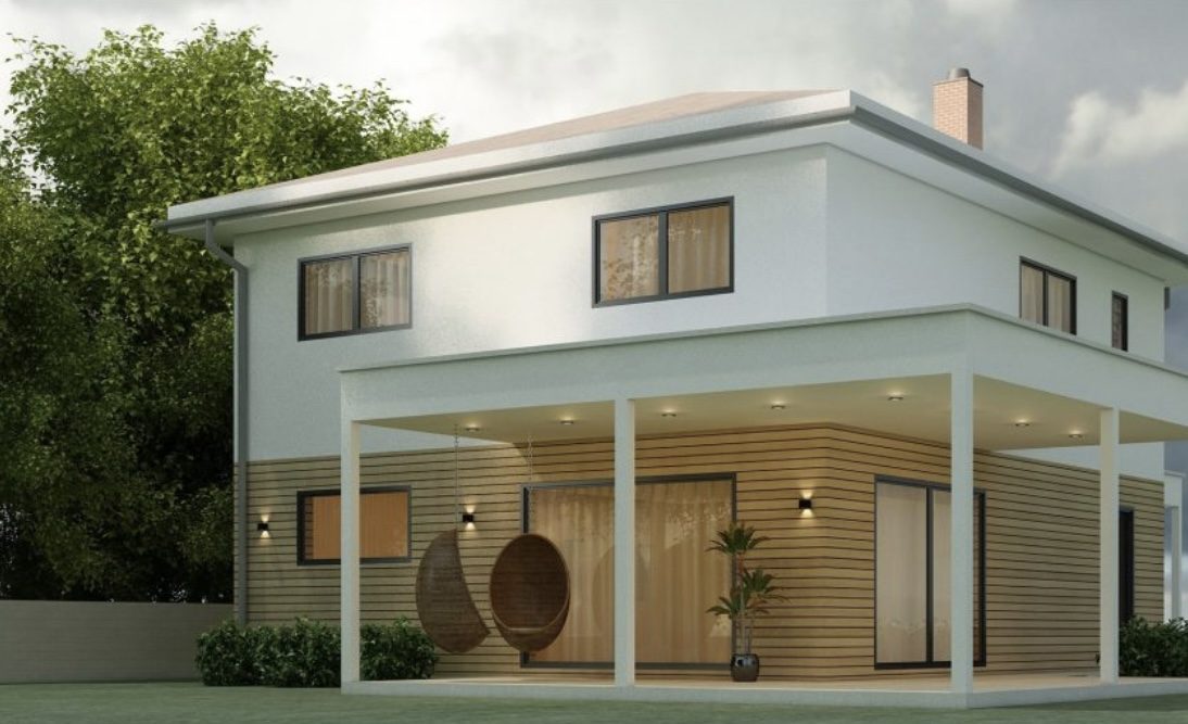 Modernes Greenhouse Fertighaus mit überdachter Terrasse