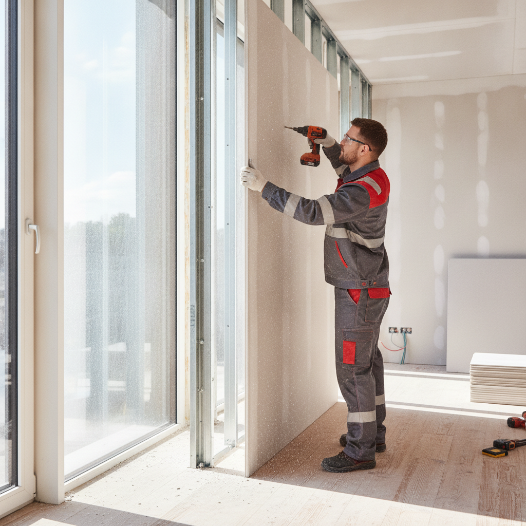 Das Team von EM-Bau bei der präzisen Montage einer Trockenbauwand